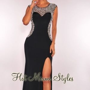 Black Sheer Mesh Rhinestone Padded Gown